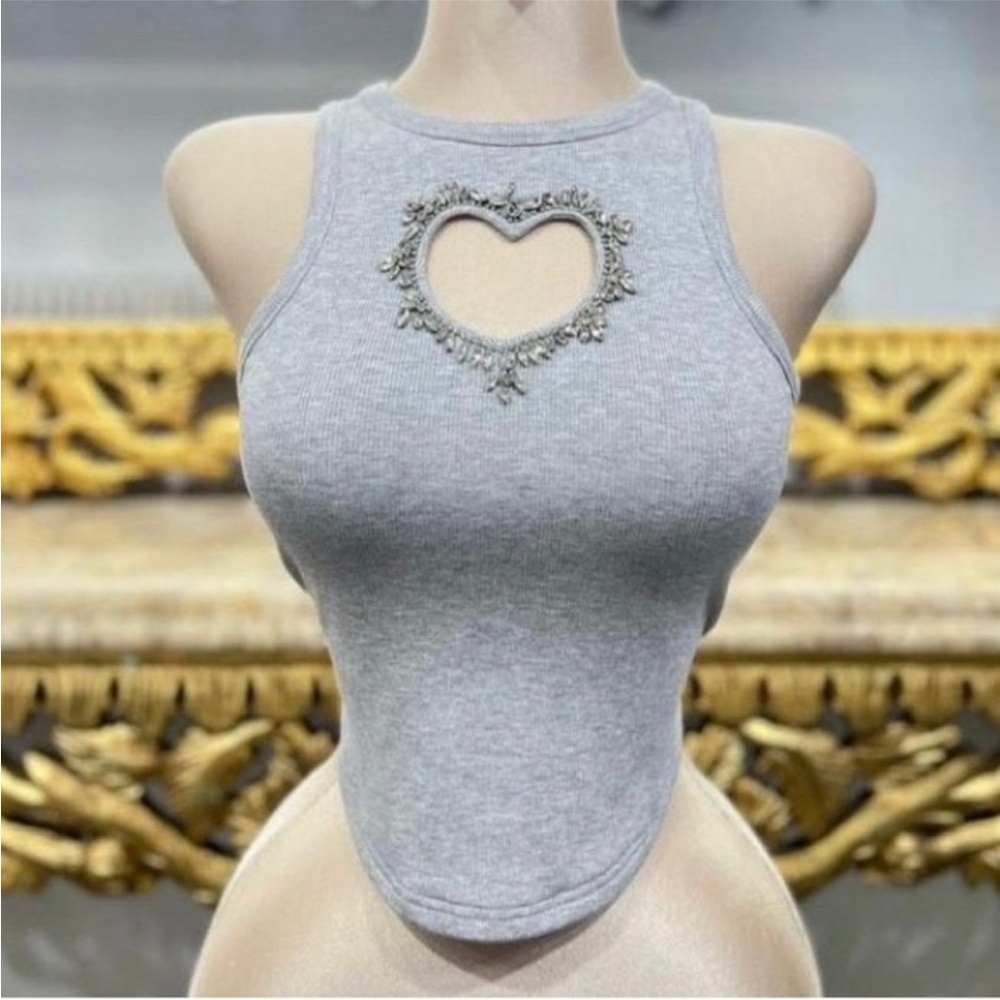 Elegant Gray Heart Cutout Tank Top